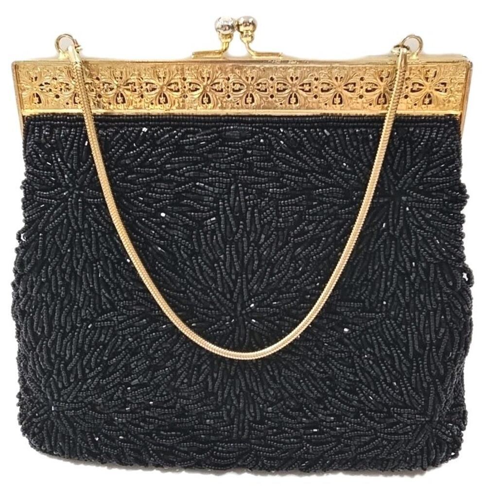 Vintage Walbaeg Beaded Evening Bag 1970's Black w Gold Finish Hardware - Picture 8 of 9